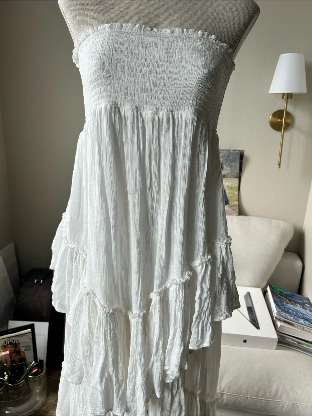Free people White Strapless Tiered Midi Dress
